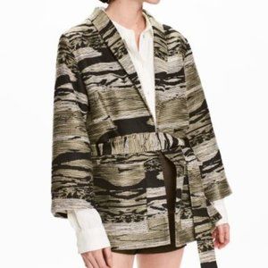 Wrap-style wool jacket with abstract print
